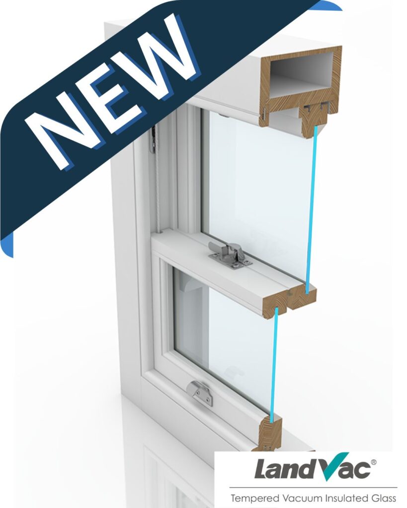 A 3D rendering of the latest LandVac window showcases tempered vacuum insulated glass, a prime example of what vacuum glazing entails. The window is sectioned to reveal its layers and structure, with a "NEW" banner prominently displayed in the top left corner.