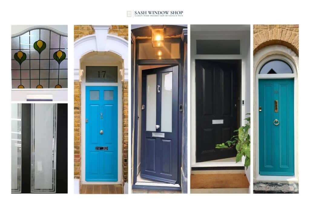 A collage of various doors and windows, featuring Victorian front doors from London. Includes a stained glass window, a blue door with number 17, a dark door with glass panels, and another turquoise door in an arched frame. Each showcases distinct designs and styles. Logo says "Sash Window Shop.