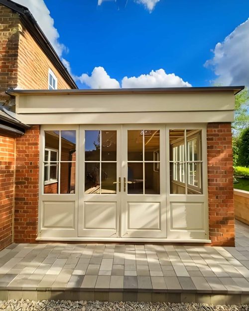 Timber French doors in garden timber French doors