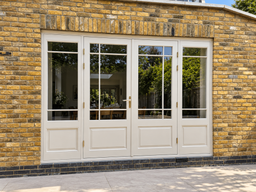 Timber French doors with glazed sidelights viewed from the garden