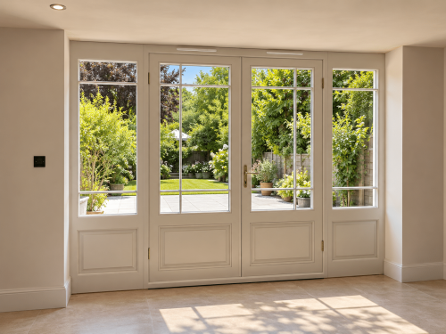 Timber French doors with glazed sidelights and traditional glazing bars